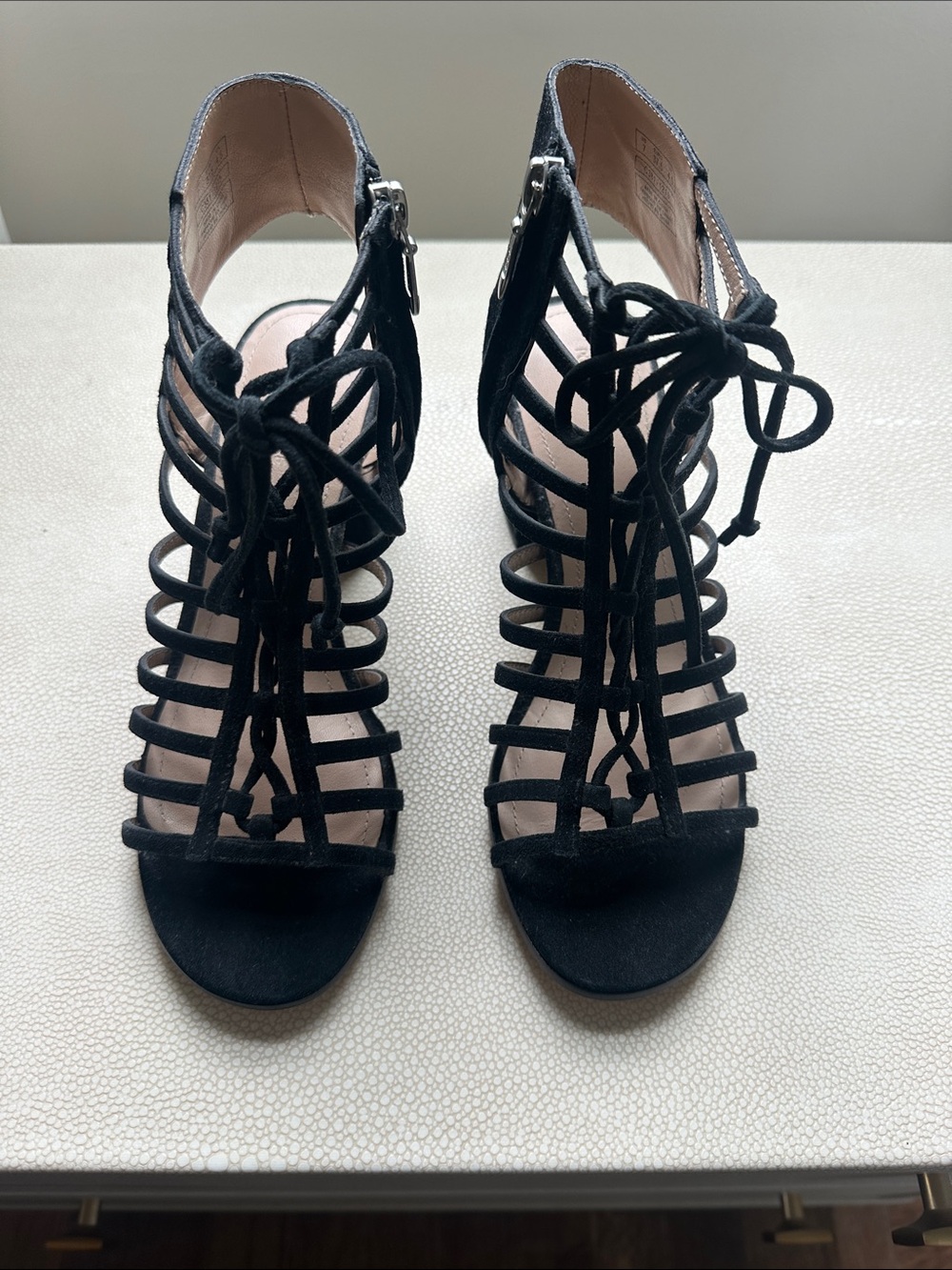 Pour La Victoire Black Suede Strappy Lace-Up Heels